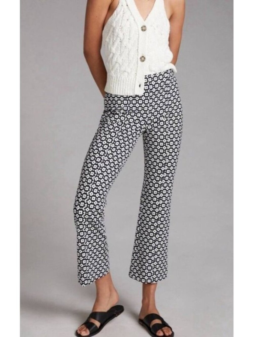 MAEVE Anthropologie Margot Black White Floral Knit Kick Flare Pants size S